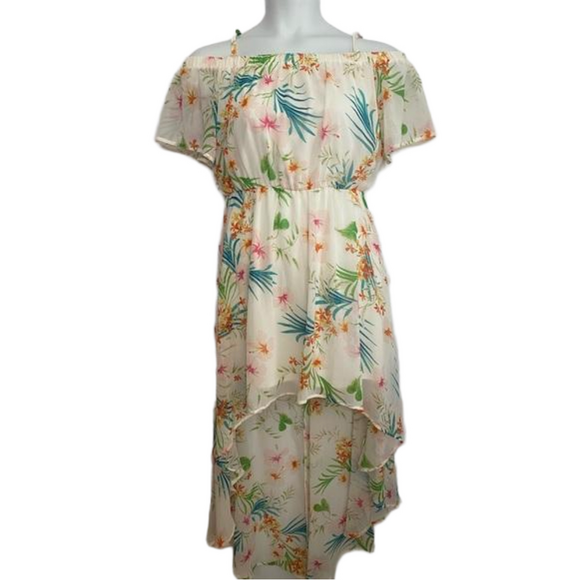 As U Wish Dresses & Skirts - AS U WISH Cream & Tropical Floral Print High-Low Off The Shoulder Dress SKU1122